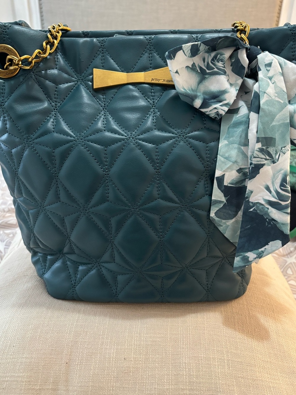 Betsey Johnson Quilted Tote with Old Gold Chain Accent